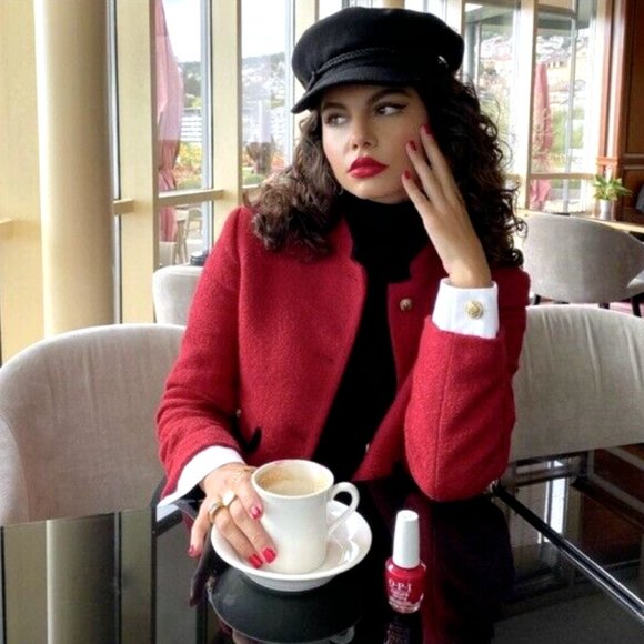 ZARA WOMAN NWT CROPPED TEXTURED WEAVE JACKET BLAZER RED 8236/795 M L - Picture 6 of 7